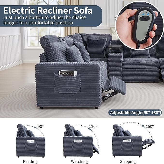 LEVNARY 5-Seat L Shaped Modular Sectional Sofa with Power Recliners, Faux Rabbit Fur Upholstery, Storage Console with Charging Ports & Cup Holders, Living Room Couch Set for Home Office (Gray)