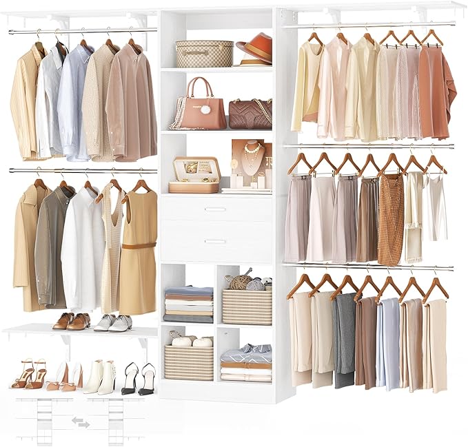 Besiost Closet System - 8FT Closet Organizer System with Wooden Drawers, 96" Closet Systems for Walk-In Closets with Cuttable Hanging Shelving, White