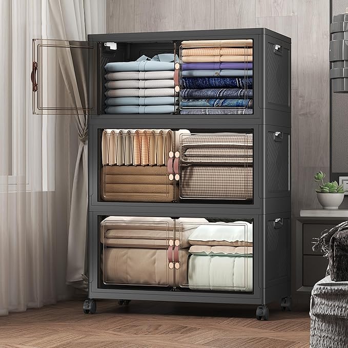 UAMFURI Extra Large Stackable Storage Bins with Lids & Wheels, 504QT-168QT/42GAL*3Pack Foldable Collapsible Closet Organizers Storage Cabinet with Doors for Bedroom Dorm