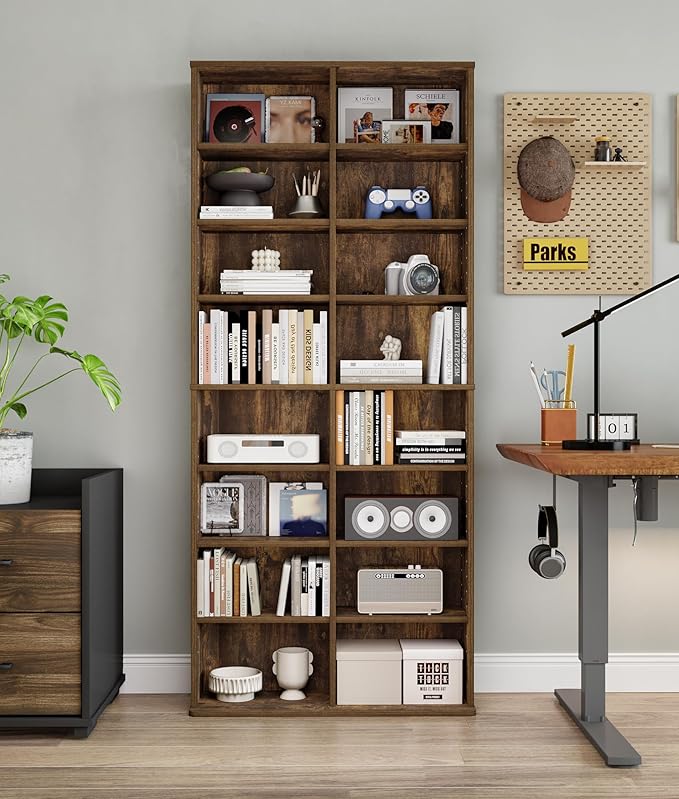 DVD Storage Tower, 16 Shelf Multimedia Storage Tower with Adjustable Shelves 8-Tier CD Cabinet for Living Room Home Office