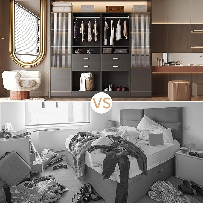 VOWNER 25'' Freestanding Closet System with Drawers & Hanging Rod, Wood Closet Organizer System, Walk-in Closet Shelving Unit, Clothes Garment Rack, Armoire Wardrobe Bedroom Entryway