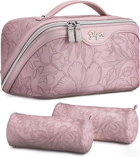 BOYATU Travel Makeup Bags Cosmetic Organizer Bag: 3-Set Large Capacity Make up Bag - PU Leather Toiletry Bags for Women - Wide Open Portable Pouch with Divider & Handle (01-Z-Light Purple)
