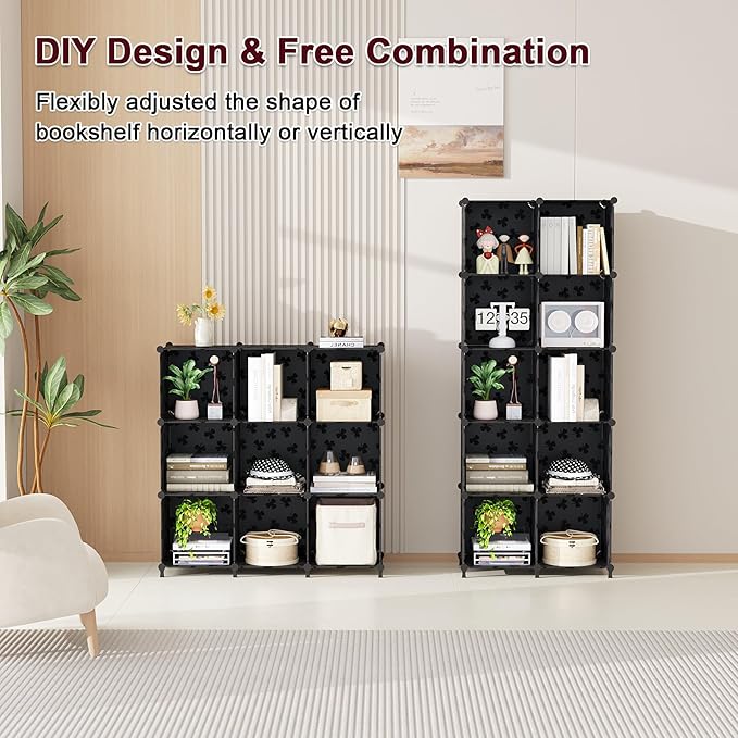 UNKU Cube Storage Organizer, 10 Cube Closet Organizer Storage Shelves, DIY Stackable Bookcase, Clothes Organizer Shelf for Closet, Bedroom, Living Room, Cabinet, Home, Office, Black