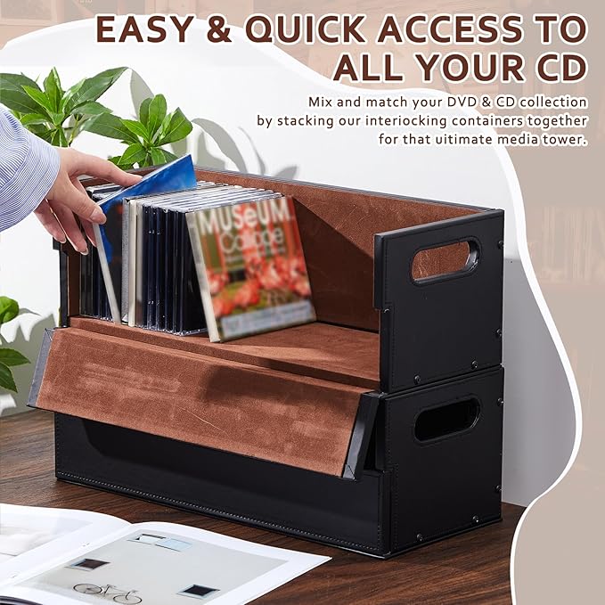 CroBlissful 2 Set Leather Cd Storage Box Organizer Shelf for Movie Cases Cassette Tape Display Stand with Carrying Handles Each Store up to 33 Pcs Cds for Dvds, Video Game Disks, Albums, Books