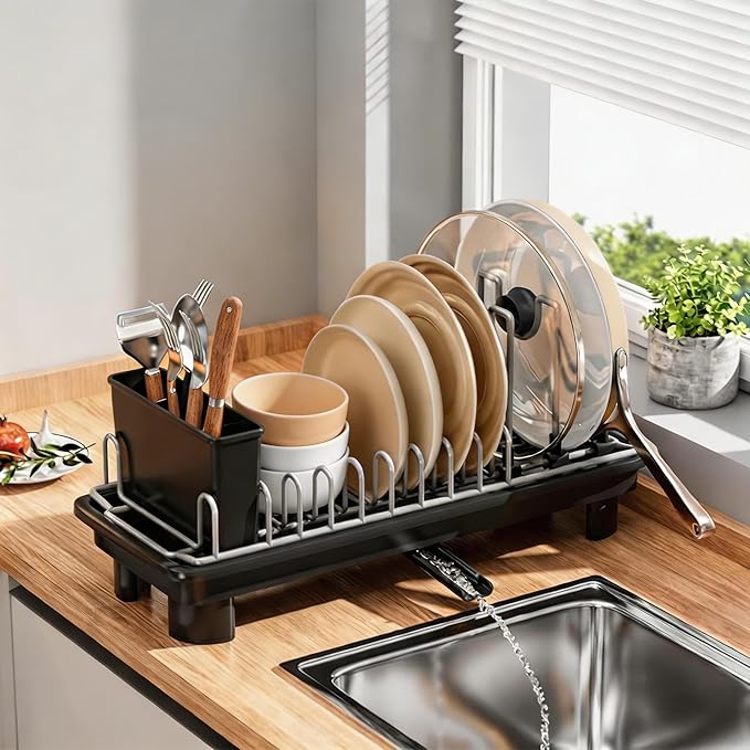 Small Dish Drying Rack,Compact Dish Rack for Kitchen Counter with 360° Rotating Drain Spout and Utensil Holder,Stainless Steel Countertop Dish Drainer for Sink,Space-Saving Design for Small Kitchen