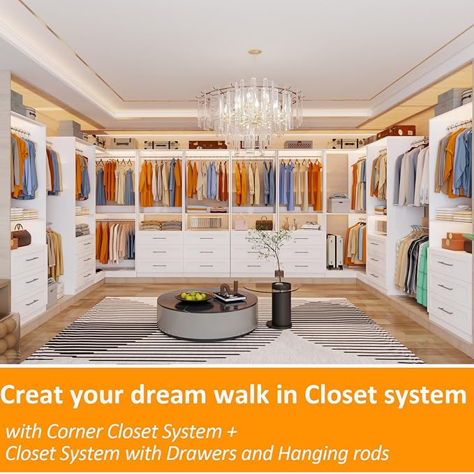 Closet System with 6 Wooden Drawers, 6.5-16FT Corner Closet Organizer System for Walk in Closet, Heavy Duty Modular Closet Systems, Built-in Shelving System with 7 Hanging Rods, 3-Piece Set
