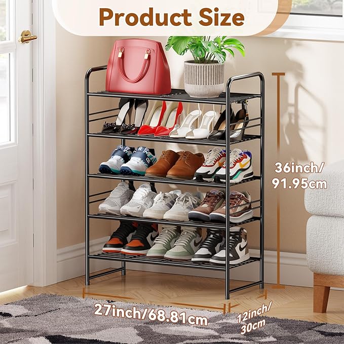 Shoe Rack, 5-Tier Metal Shoe Shelf Storage Organizer for Closet, Entryway, Stackable Black