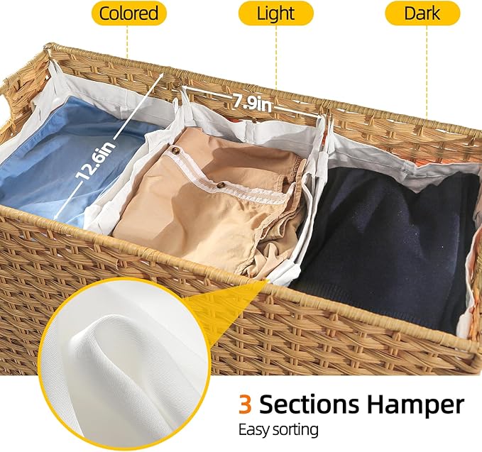 180 L Wicker Laundry Hamper with Lid 3 Section, Extra Large HandWoven Synthetic Rattan Wicker Laundry Basket with Removable Liner Bags for Bedroom Bathroom, Dirty Clothes Hampers Woven Foldable