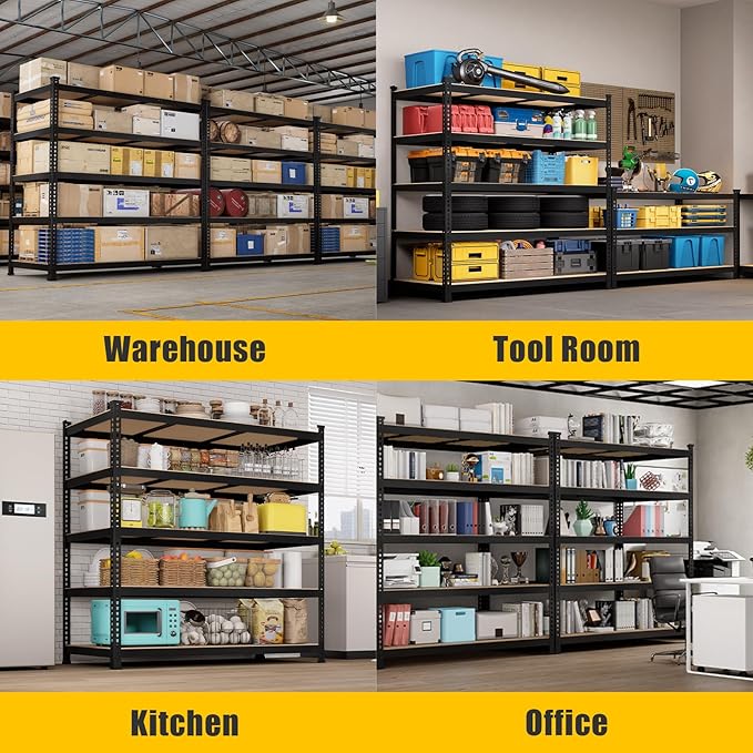 48" W x 24" D x 72" H Garage Shelving Heavy Duty: 5 Tier Metal Storage Shelves - Adjustable Shelving Unit, Utility Rack Shelf for Pantry, Warehouse, Office, Kitchen, Black, 3PCS