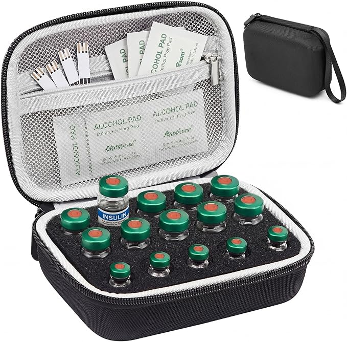 Teenyyou 15 Slots Fits 10ml/ 3ml Insulin Peptide Fridge Carrying Case Vial Holder Storage Bag Protector, Fits Standard Vials, Insulin Cooler Travel Kits Case Diabetes Protector(Black, Gray Net)