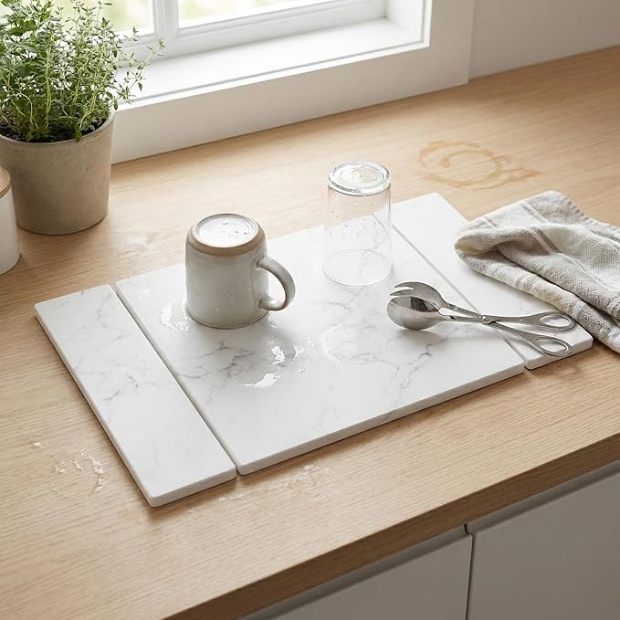 Selegna Collapsible Stone Drying Mat for Kitchen Counter – Tri-Panel Dish Drying Mat Made from Diatomaceous Earth | Quick Dry Diatomite Mat for Sink, Countertop & Dishes (White)