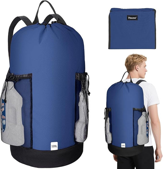 BALEINE 2PK 120L Laundry Bag Backpack, 900D Oxford Fabric Large Travel Laundry Bags with Shoulder Straps and 2 Mesh Pockets for College Dorm, Apartment, Laundromat (Navy, 120L)