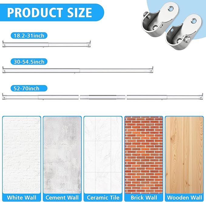 Premium Chrome Oval Closet Rod for Hanging Clothes 18.2 to 31 Inch, Includes End Supports, Adjustable Wardrobe Tube, Heavy Duty Extendable Closet Pole, Carbon Steel
