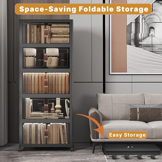 UAMFURI Extra Large Stackable Storage Bins with Lids & Wheels, Foldable Collapsible Closet Organizers Dark Storage Cabinet with Doors for Bedroom Dorm