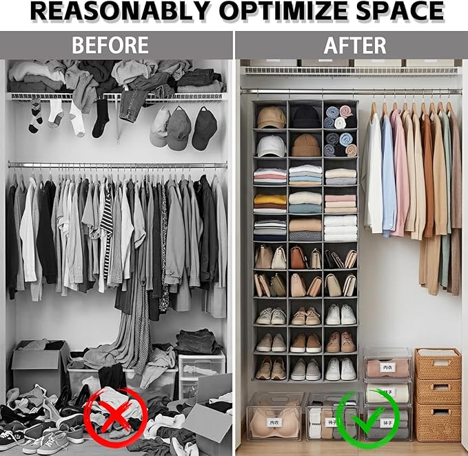 coastal rose Hanging Shoe Organizer for Closet, 30 Sections Hanging Closet Organizers and Storage Shelves Space Saving Shoe Rack Holder Hanger, Grey, 17''W×11.5''Dx 48''H