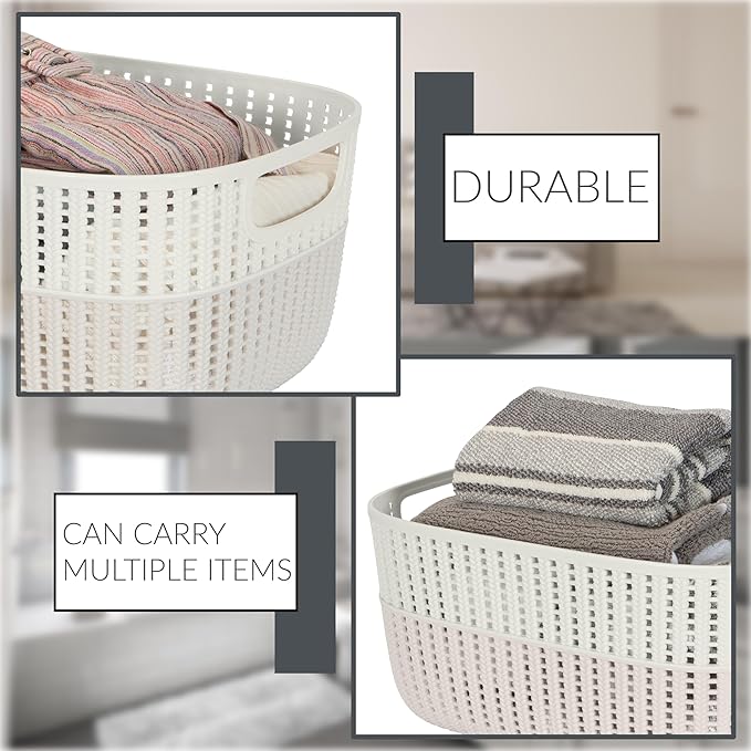 Simplify 2 Tone Sailor Knot Plastic Storage Tote | Decorative Basket | Closet Organization | De-clutter | Accessories | Toys | Bathroom Organization | Large | Ivory