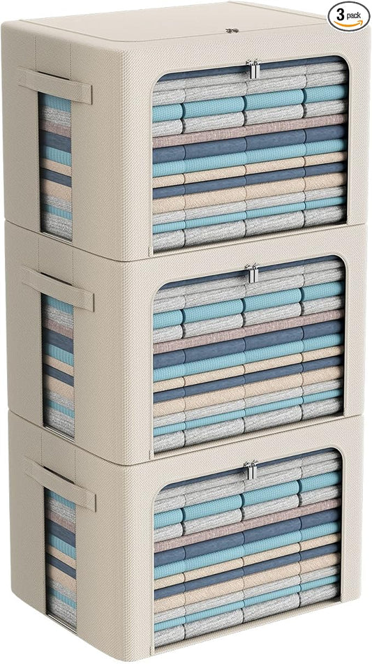 CYhom 3Pack Frame Storage Box - Clothes Storage Bin Bags Oxford Fabric Foldable Stackable Container Organizer Set with Clear Window & Carry Handles Large Capacity (Beige, Extra Large-100L)