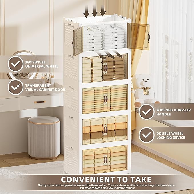 424 QT / 106 Gal Heavy Duty Double Door Storage Cabinet - Magnetic Closure, Foldable Stackable Design with Wheels & Leather Handles, Plastic Organizer for Garage/Bedroom