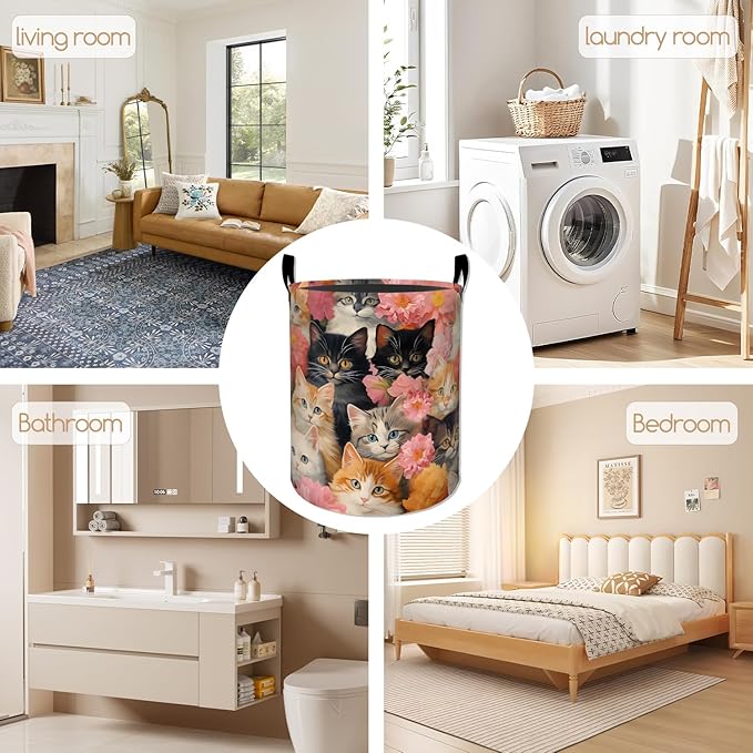 Cute Cat Laundry Basket, Peony Flower Design Foldable Oxford Cloth, Waterproof Dirty Clothes Hamper with Handles, Clothing Storage Bucket Toy Organizer for Bathroom Bedroom Dorm, 19.7"x15.7"