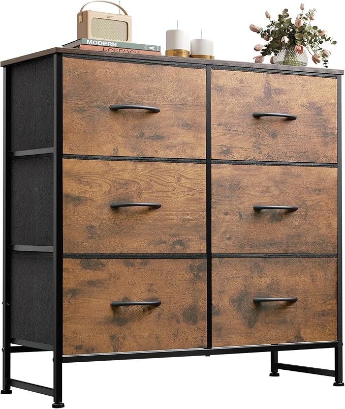 WLIVE Dresser for Bedroom with 6 Drawers, Closet Dresser with Metal Frame, Wooden Top, Fabric Dresser for Closet, Living Room, Hallway, Rustic Brown Wood Grain Print