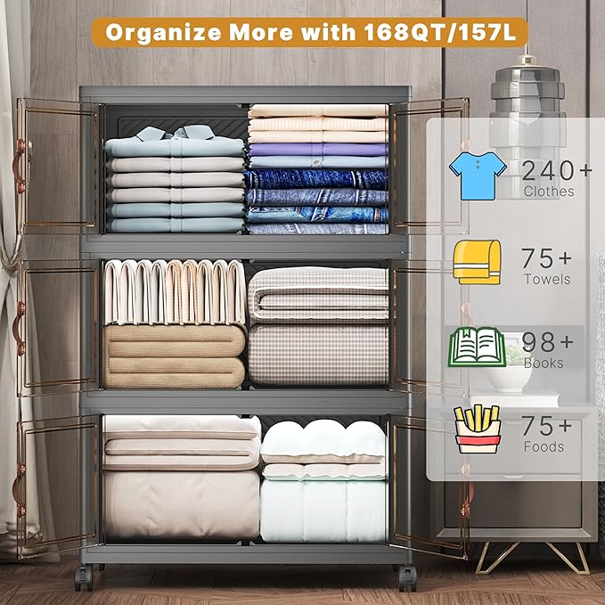 UAMFURI Extra Large Stackable Storage Bins with Lids & Wheels, 504QT-168QT/42GAL*3Pack Foldable Collapsible Closet Organizers Storage Cabinet with Doors for Bedroom Dorm