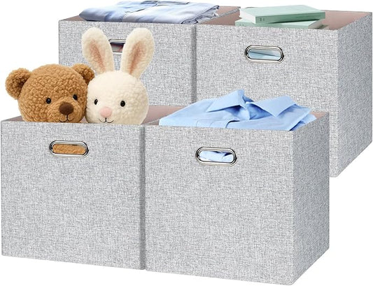 Posprica Collapsible Storage Bins,13×13 Foldable Storage Cube Boxes Fabric Drawer Fabric Storage Bins Vinyl Record Woven Gray, 4 Pack