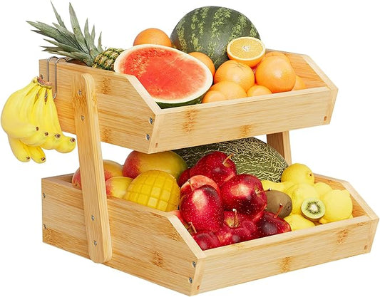 Bamboo 2 Tier Fruit Basket for Kitchen Counter, Large Capacity Fruit Storage Countertop, Fruit Holder, Wood Pantry Organizers and Storage, Kitchen Countertop Organizer With 2 Banana Hangers (Bamboo)