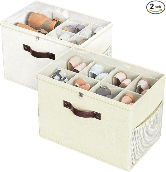 Budding Joy 2 Pack Shoe Organizer for Closet, Clear Foldable Shoe Storage Containers Adjustable Dividers Fits 16 Pairs,Shoe Storage Bins Baskets Boxes with Reinforced Handles Beige Yellow Beige