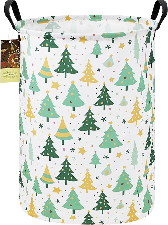 HUNRUNG Collapsible Fabric Storage Basket, Waterproof Laundry Hamper with Handles, Round Storage Bin for Clothes Toys, Foldable Organizer for Bedroom Nursery Bathroom(Round-Christmas tree)