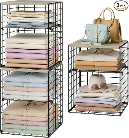 6-Tier Stackable Closet Organizers and Storage Basket, Set of 3 Closet Shelf Organizer with Adjustable Divider & Wood Top Board, Clothes Storage Bins for Wardrobe Organizer System, Space-Saving, Black