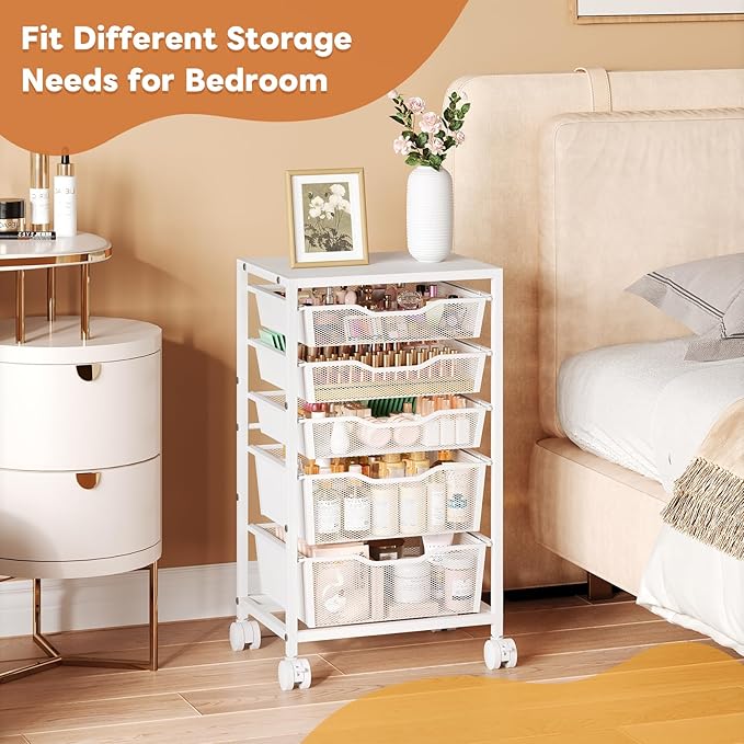 Sbanmao Rolling Storage Cart with 5 Drawers, Metal Utility Cart with Lockable Wheels, Craft Storage Art Cart, Rolling Drawer Cart for Living Room, Bedroom, Bathroom, Office, Home, White
