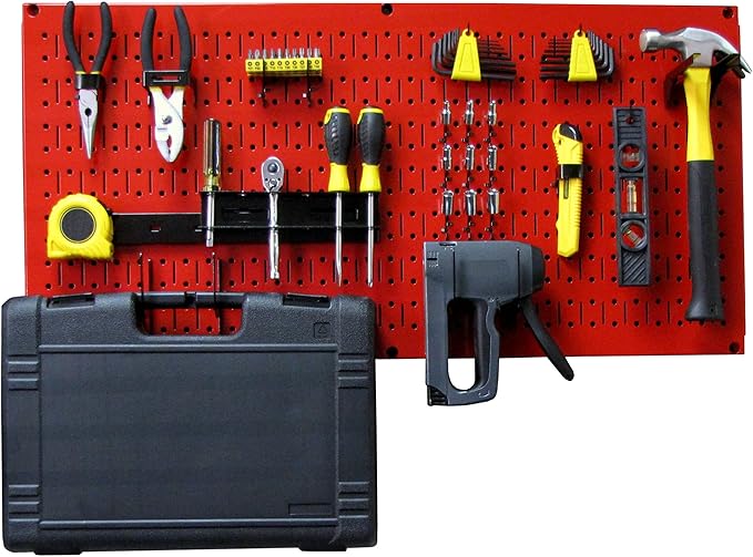 Wall Control Modular Pegboard Tool Organizer System - Wall-Mounted Metal Peg Board Tool Storage Unit for Wall Storage Tiling (Red Pegboard)