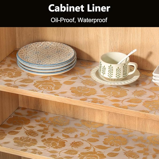 INNOLITES Shelf Liner for Cabinets, Non-Adhesive for Kitchen Drawer Liner, Waterproof Shelf Paper with Floral Pattern, Durable Easy to Clean (Golden Rose, 23.6" x 360")