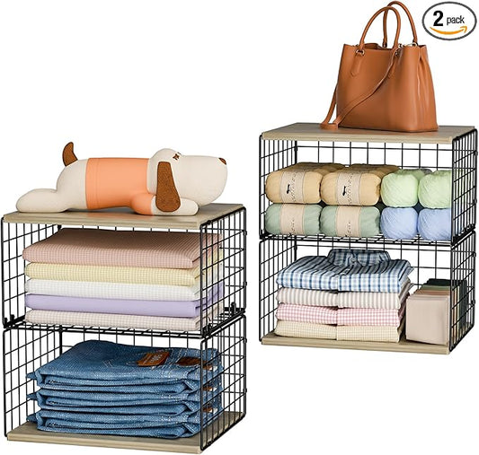 2 Pack Extra-Long, Low-Profile Closet Organizers and Storage with Wood Top, 4 Tier Stackable Closet Shelf Organizer, Space-Saving Clothes Storage Bin for Wardrobe & Small Spaces, Sturdy (Black)