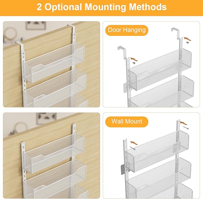 VyGrow Over the Door Storage Organizer with 3 Tier Mesh Baskets 2 Hanging Rods, 2 Mounting Options, Heavy Duty Clothes Hanger & Towel Rack for Bathroom Bedroom Office, White