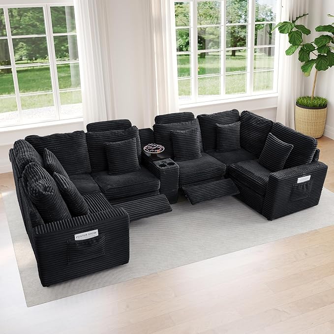 LEVNARY 6-Seat U Shaped Modular Sectional Sofa with Power Recliners, Faux Rabbit Fur Upholstery, Storage Console with Charging Ports & Cup Holders, Living Room Couch Set for Home Office (Black)