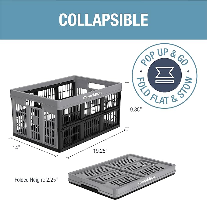 CleverMade Collapsible Utility Crate, Stone, 1PK - 32L (8 Gal) Collapsible Storage Bins, Holds 40lbs Per Bin - Plastic Stackable Grated Wall Utility Containers, CleverCrates Baskets
