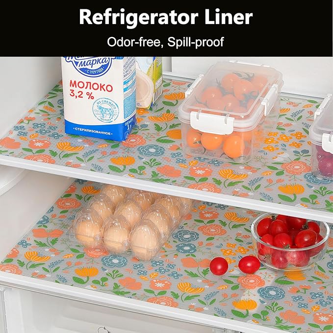 INNOLITES Shelf Liner for Kitchen Cabinets, Non-Adhesive Drawer Liner, Waterproof Washable EVA Floral Pattern, Protect Dresser Cupboard Refrigerator Shelves (Blue Orange Pink, 11.8" x 120")