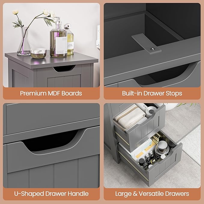 SUPER DEAL Small Bathroom Storage Cabinet with 4 Drawers, Freestanding Narrow Wooden Side Storage Organizer for Bathroom Hallway Living Room, Grey