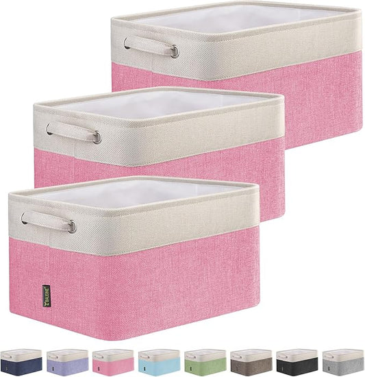 BALEINE 3 Pack Fabric Closet Storage Bins for Shelves, Linen Closet Organizers and Storage, Decorative Baskets for Organizing, Shelf, Clothes, Home, Office (Pink, 15''x11''x9.5'')