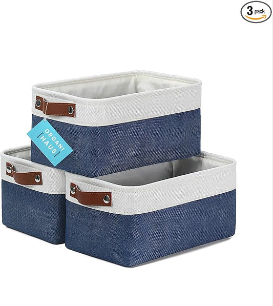 OrganiHaus Small Fabric Storage Baskets 3 Pack, 12x8in Cloth Storage Bins for Shelves, Small Baskets for Organizing Pantry Closet, Canvas Shelf Baskets, Navy Blue/Off-White
