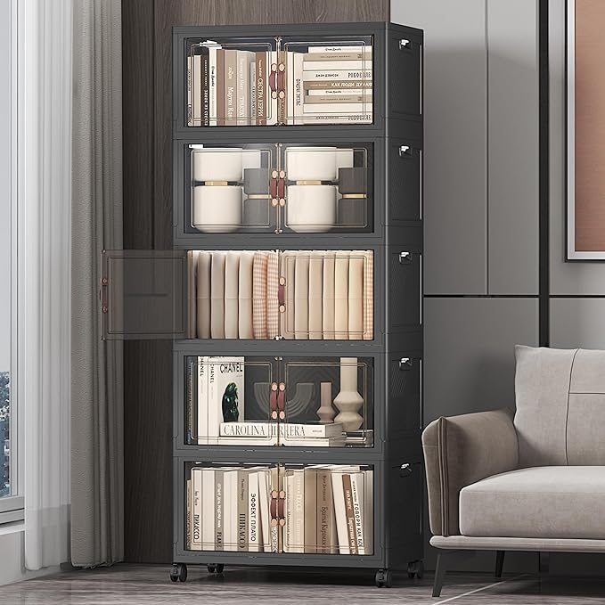 UAMFURI Extra Large Stackable Storage Bins with Lids & Wheels, Foldable Collapsible Closet Organizers Dark Storage Cabinet with Doors for Bedroom Dorm