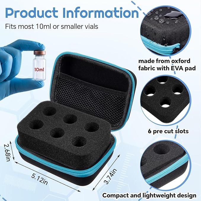Teenyyou 6 Slots Insulin Peptide Fridge Carrying Case Vial Holder Storage Protector Bag, Fits Standard 10ml Vials, Insulin Cooler Travel Kits Case Diabetes Protector(Black, Blue Zipper)