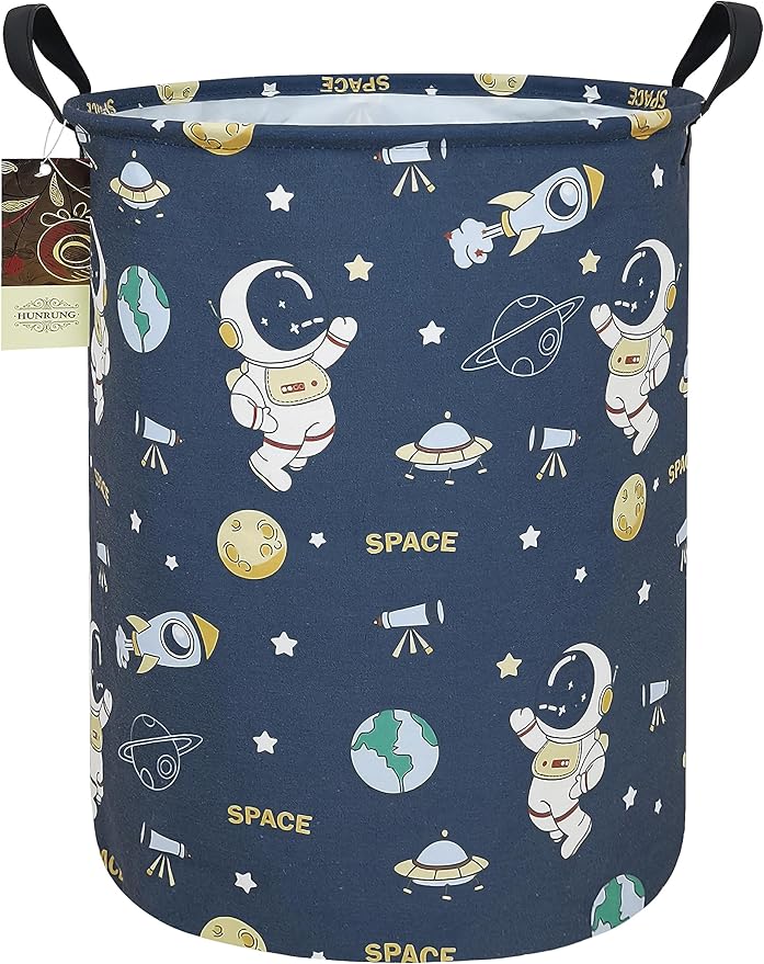 HUNRUNG Collapsible Fabric Storage Basket, Waterproof Laundry Hamper with Handles, Round Storage Bin for Clothes Toys, Foldable Organizer for Bedroom Nursery Bathroom(Round-Blue Space Astronaut)
