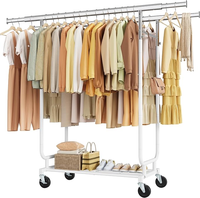 Heavy Duty Rolling Clothes Rack, 620 LBS Load Double Rod Adjustable Garment Rack with Storage Shelves & Lockable Wheels, Portable Clothing Rack for Hanging Clothes for Bedroom, Laundry Living Room