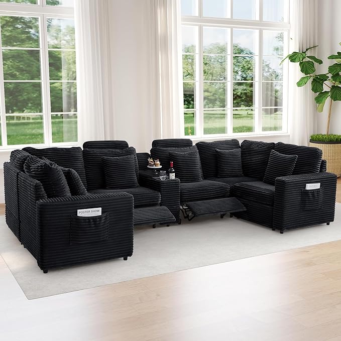 LEVNARY 6-Seat U Shaped Modular Sectional Sofa with Power Recliners, Faux Rabbit Fur Upholstery, Storage Console with Charging Ports & Cup Holders, Living Room Couch Set for Home Office (Black)