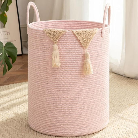OIAHOMY Large Laundry Basket Hamper - 60L Cotton Rope Woven Basket for Blankets, Toys, Clothes - Tall Decorative Nursery Hamper with Long Handles, Pink