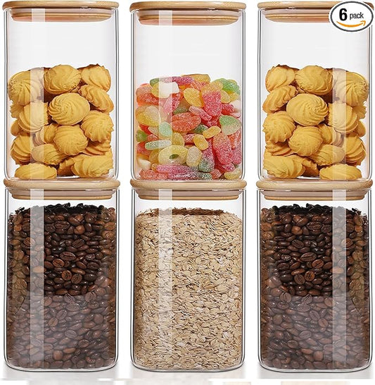 6 Pack 50oz Square Glass Food Storage Jars with Lids, Clear Airtight Containers for Coffee, Sugar, Flour, Spices, BPA-Free