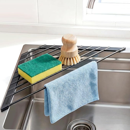 Corner Sink Caddy, Ohuhu Sponge Holder for Kitchen Sink Organizer Silicone Wrapped Steel Anti Slip Rust Triangle Over the Sink Dish Drying Rack for Sink Corner Multipurpose Drainer Trivet Space-Saving