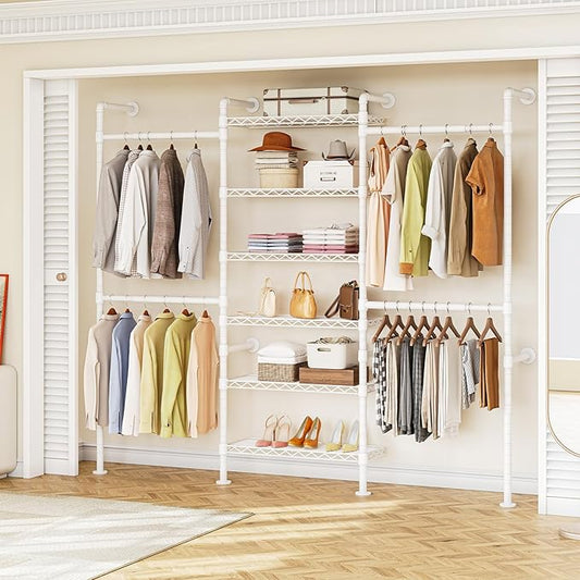 ONBRILL H3 Wall Mounted Closet System, Expandable Industrial Pipe Clothes Rack Clothing Rack for Hanging Clothes, Heavy Duty Closet Organizers and Storage in Wardrobe Closet, White